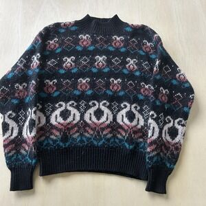 Vintage Sloane Sweater Womens Large Black Swan Fair Isle Mohair Knit Pullover
